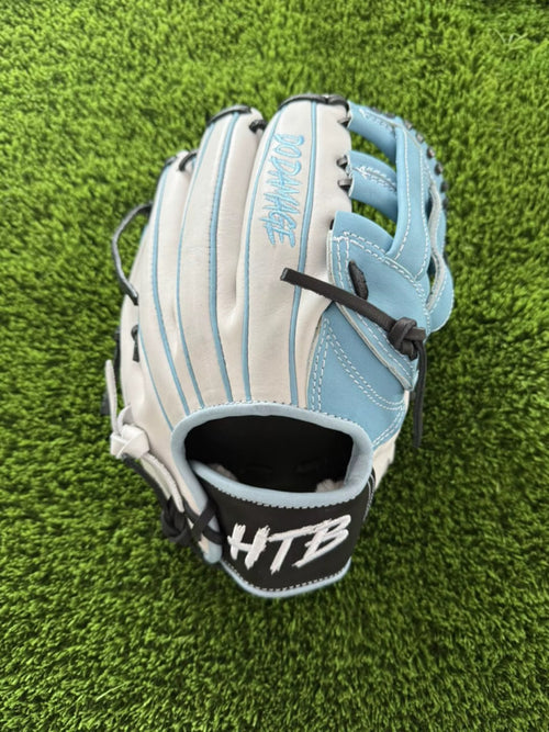 HTB Do Damage 11.75 inch infield glove, white and Columbia blue, back view with DO DAMAGE and HTB embroidery