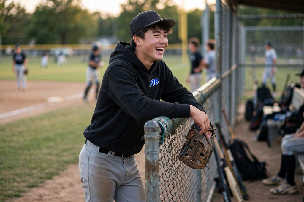 Blue Do Damage Hoodie lifestyle front - player laughing at dugout fence