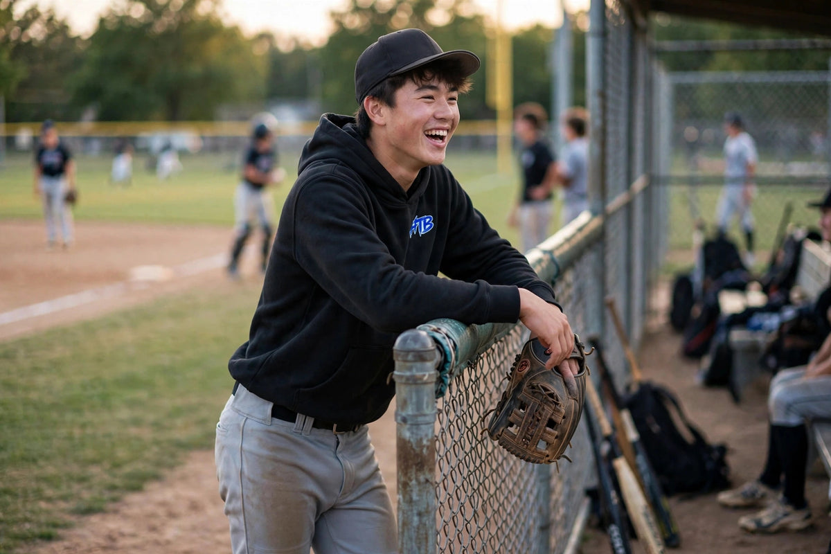 Blue Do Damage Hoodie lifestyle front - player laughing at dugout fence