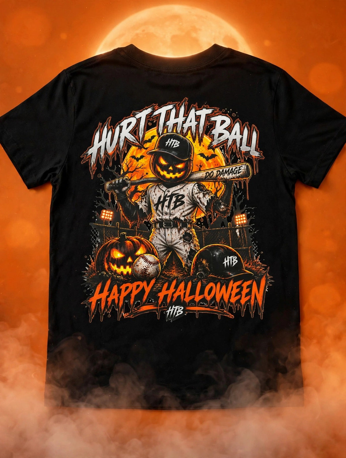 HTB Halloween Youth Tee back on orange Halloween background - full graphic, pumpkin slugger, Happy Halloween