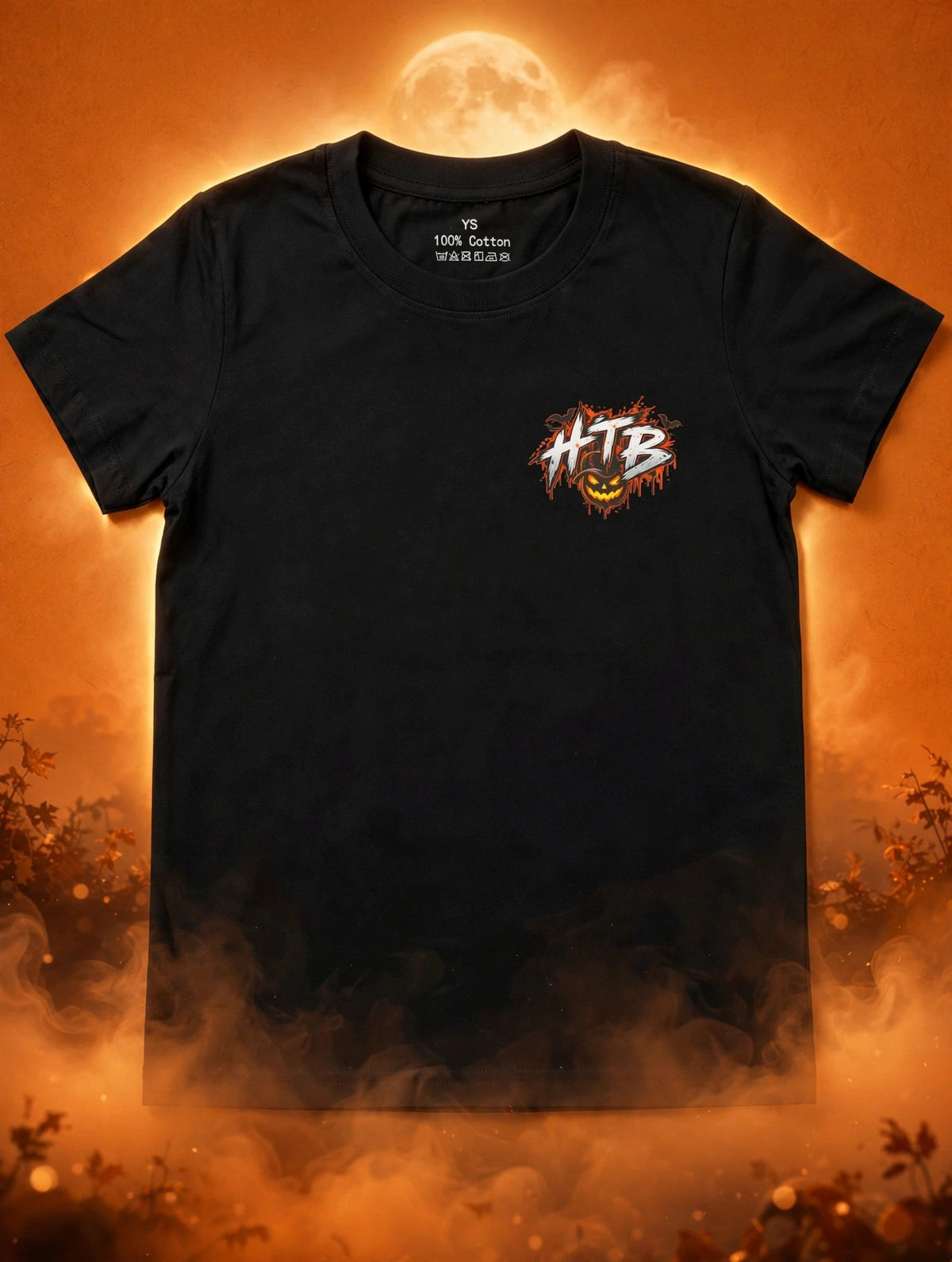 HTB Halloween Youth Tee front on orange Halloween background - HTB pumpkin logo on left chest