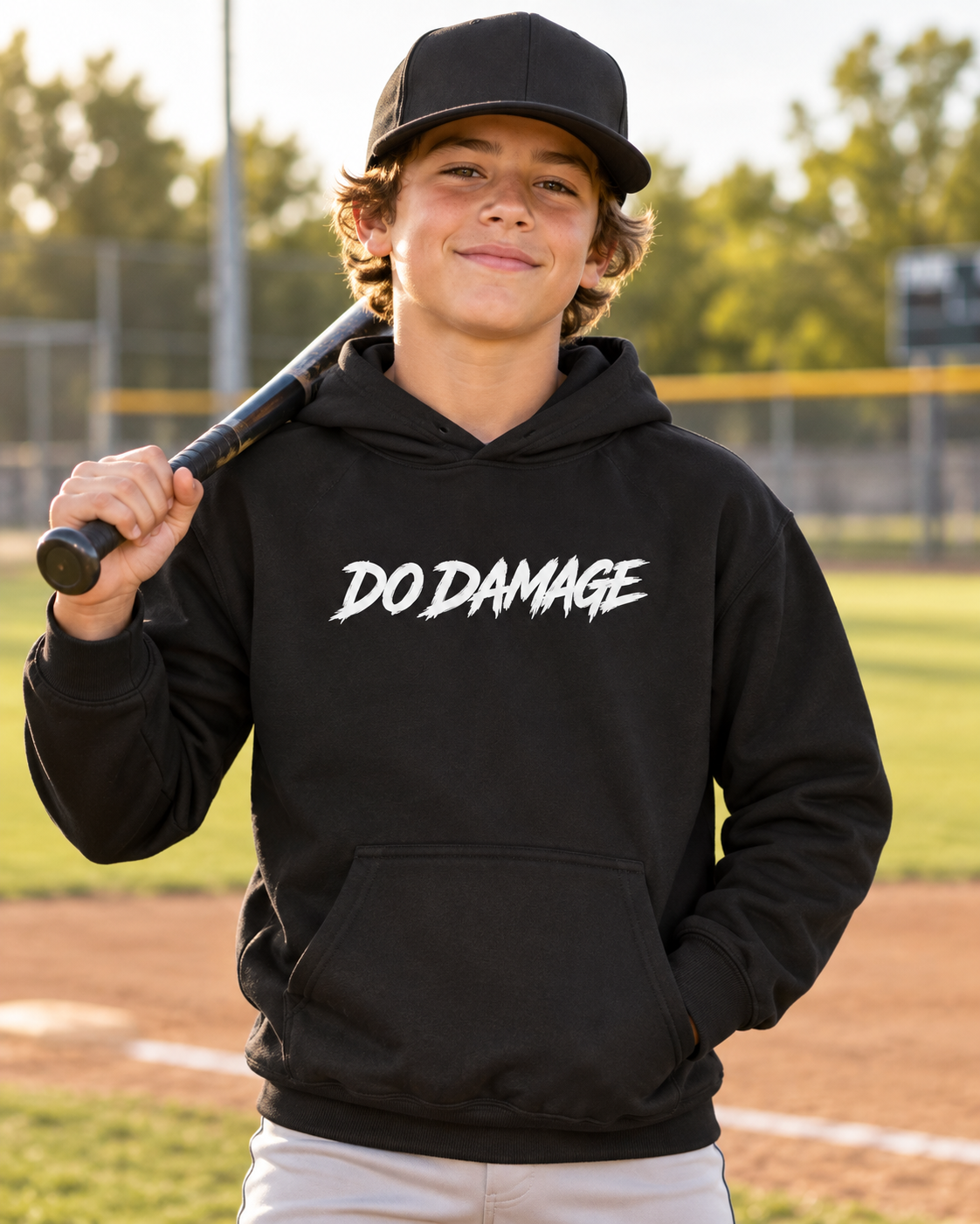 Youth baseball player wearing the black HTB Do Damage Hoodie