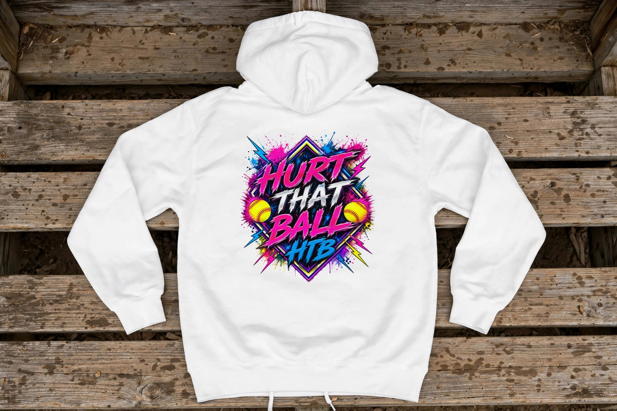 HTB Diamond Collection Youth Hoodie back, flat lay on a dugout bench