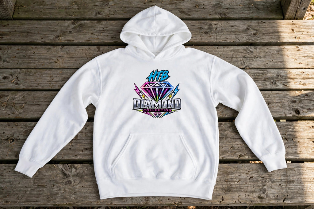 HTB Diamond Collection Youth Hoodie in White, flat lay front on a dugout bench