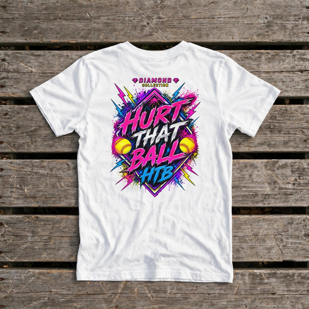 HTB Diamond Collection Youth Tee back, flat lay on a dugout bench