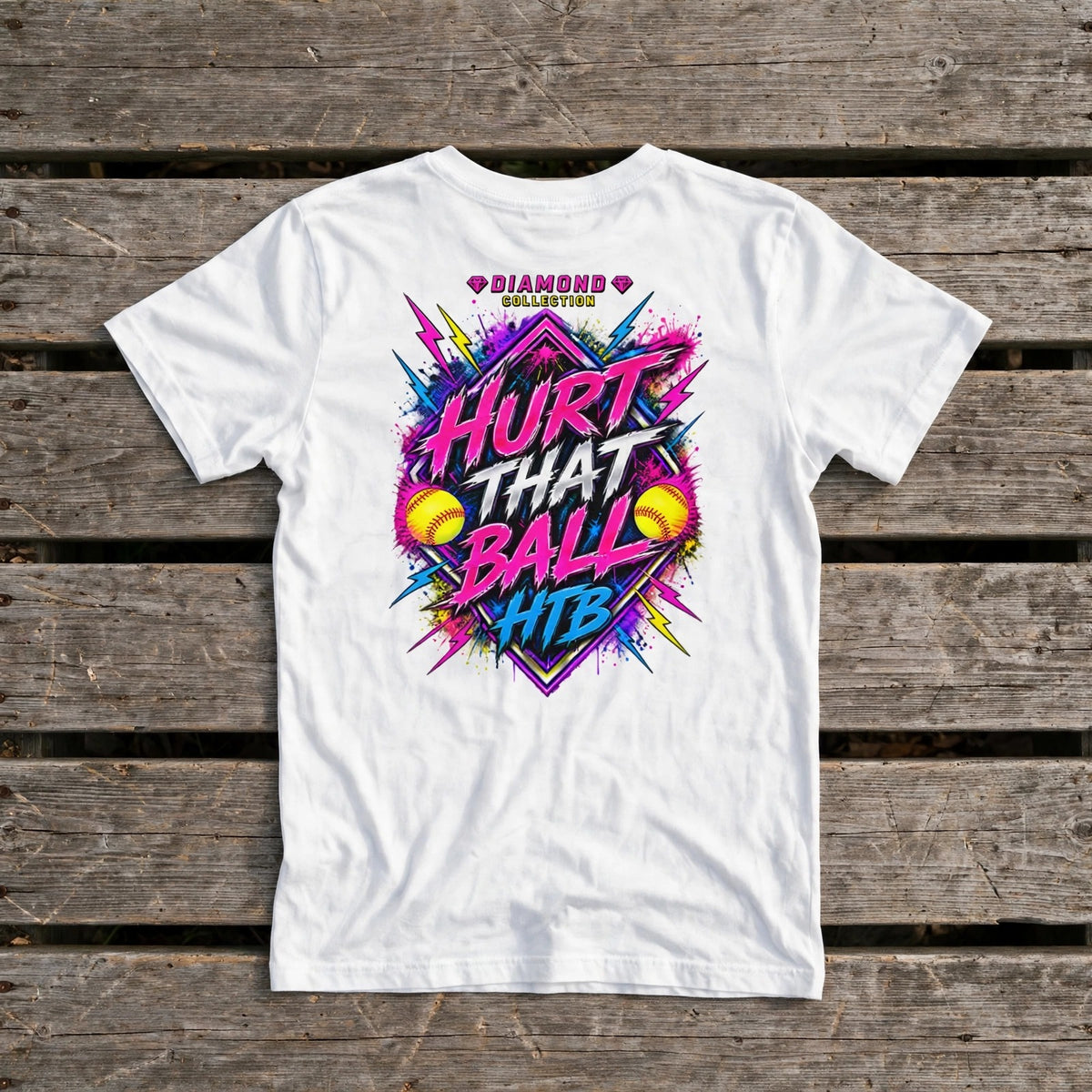 HTB Diamond Collection Youth Tee back, flat lay on a dugout bench