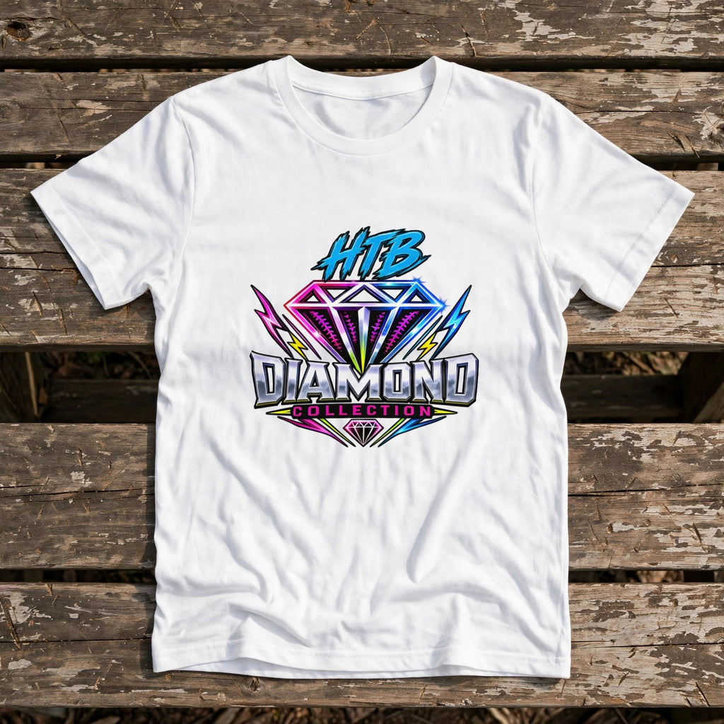 HTB Diamond Collection Youth Tee in White, flat lay front on a dugout bench