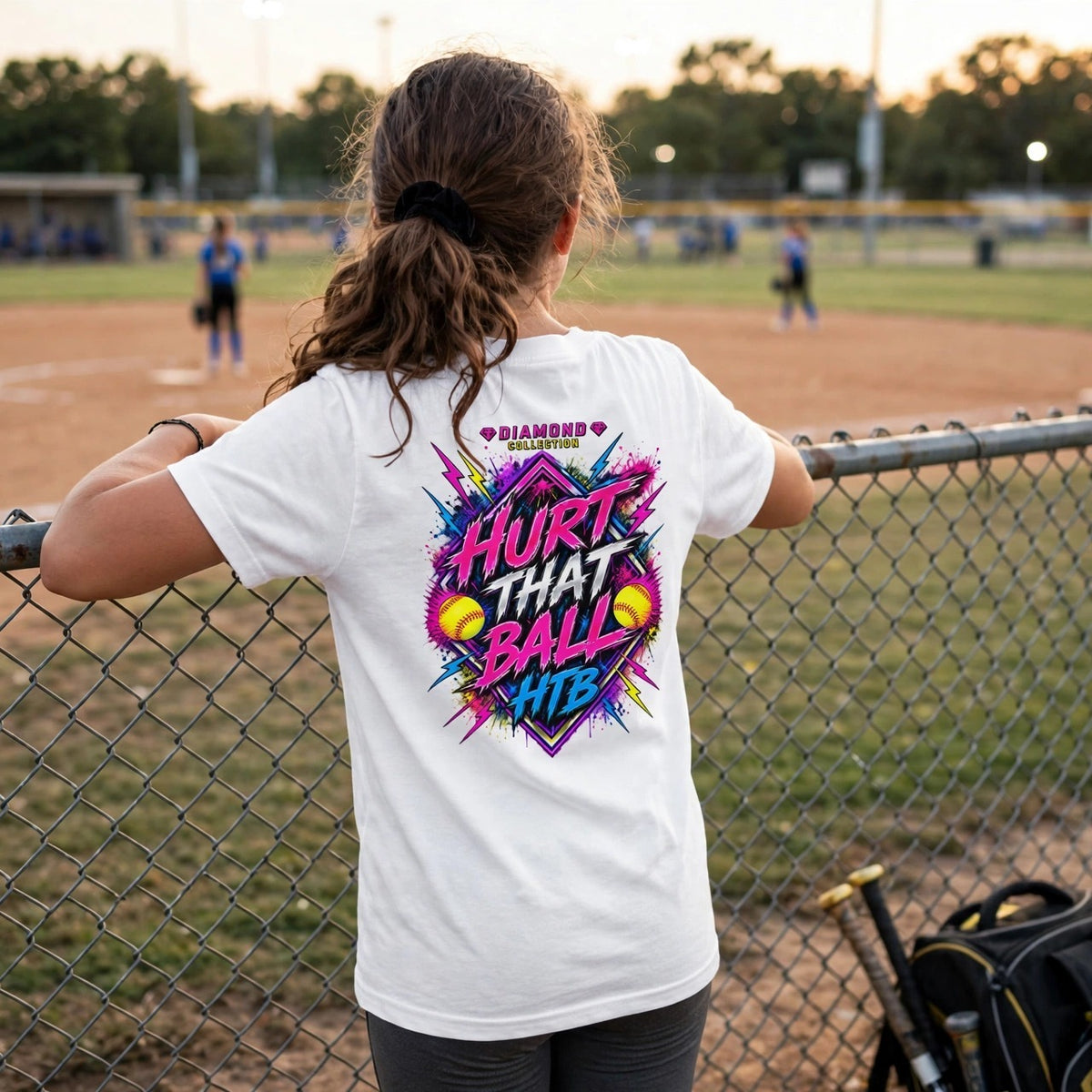 HTB Diamond Collection Youth Tee back view — girl softball player at the fence watching the game