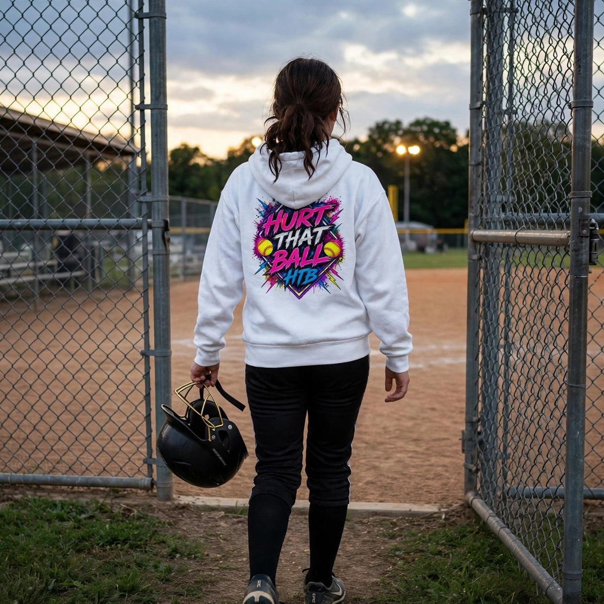 HTB Diamond Collection Youth Hoodie back view — girl softball player walking through the gate onto the field
