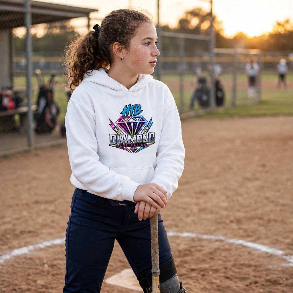 HTB Diamond Collection Youth Hoodie in White — girl softball player waiting in the on-deck circle