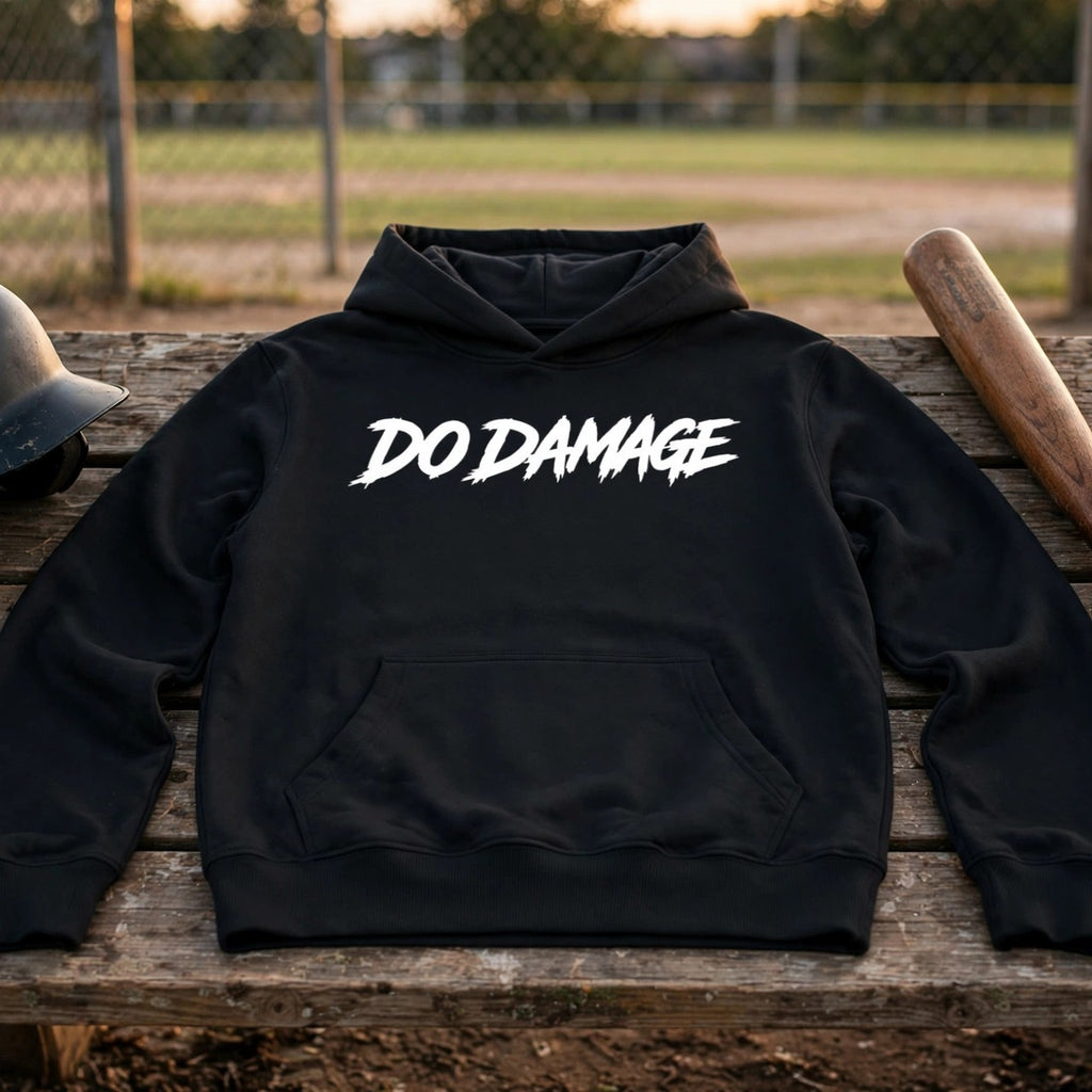 HTB Do Damage OG Hoodie - flat lay on a dugout bench