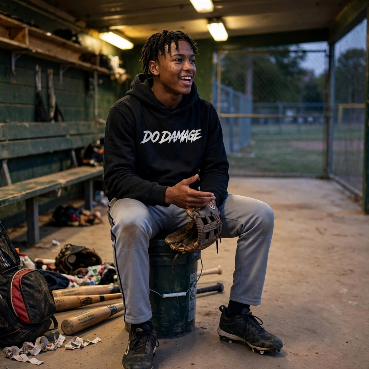 HTB Do Damage OG Hoodie - player laughing on a bucket in the dugout