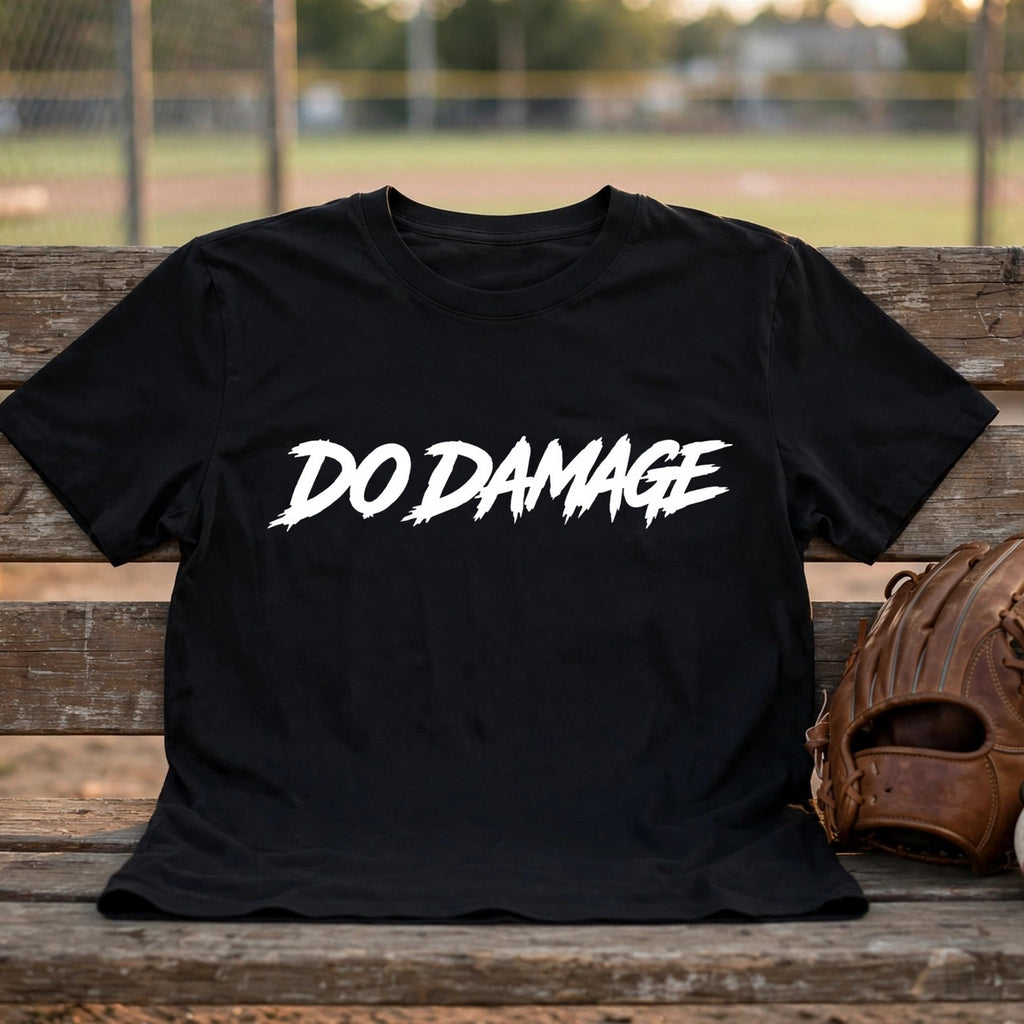HTB Do Damage OG Tee - flat lay on a dugout bench