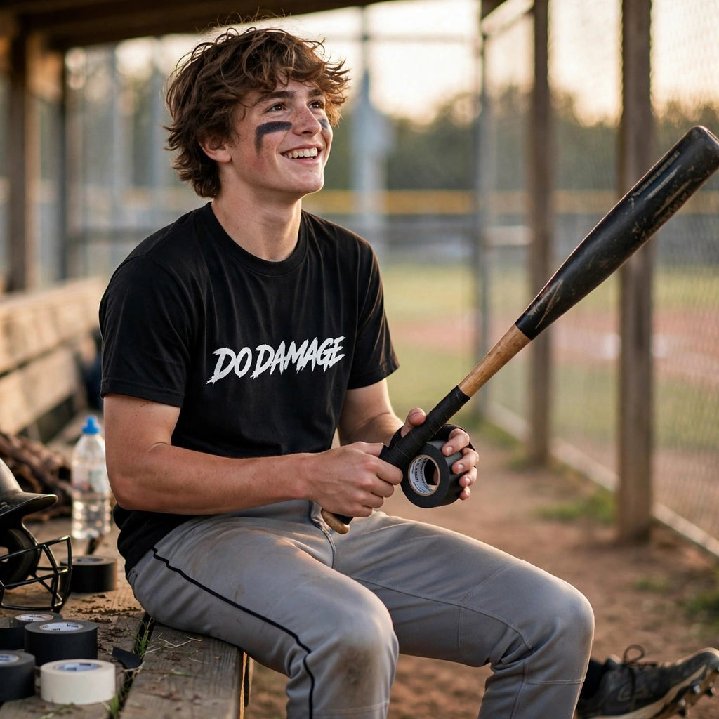 HTB Do Damage OG Tee - player taping his bat in the dugout