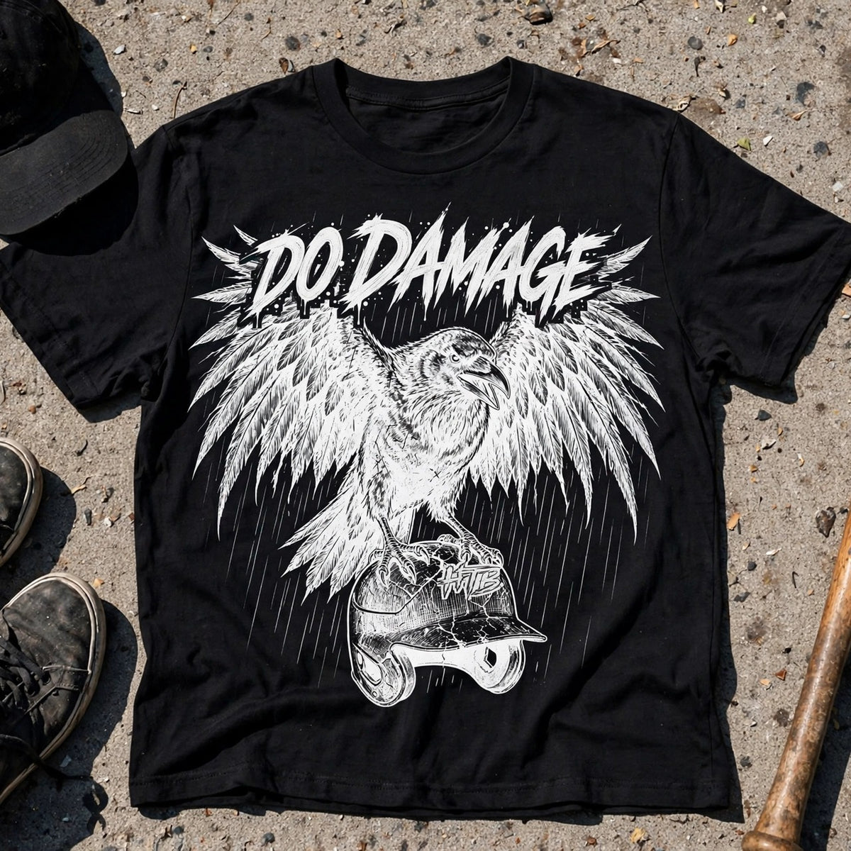 HTB Do Damage Crow Tee in black, flat lay on city concrete with cap, sneakers and bat