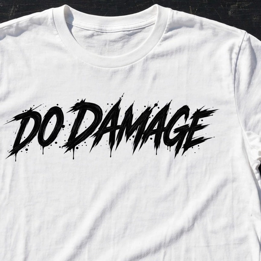 HTB Skull Tee in white, Do Damage front flat lay on black wood with bat and sneakers