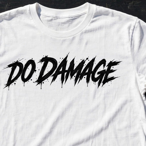 HTB Skull Tee in white, Do Damage front flat lay on black wood with bat and sneakers
