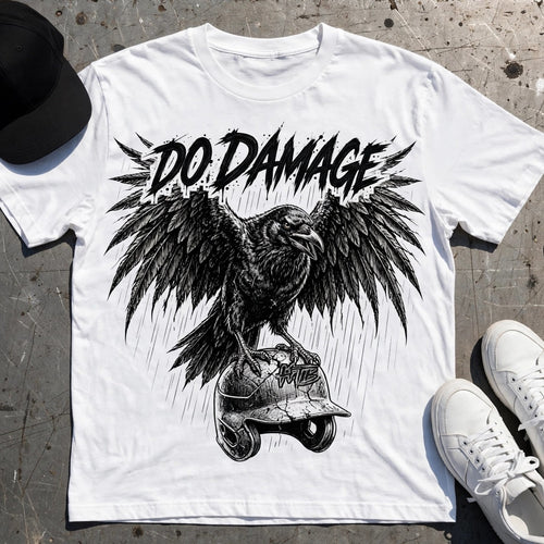 HTB Do Damage Crow Tee in white, flat lay on a metal loading dock plate with cap, sneakers and bat