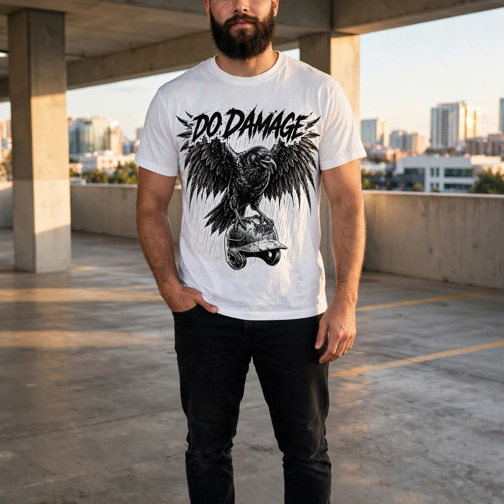 HTB Do Damage Crow Tee in white, worn in a parking garage