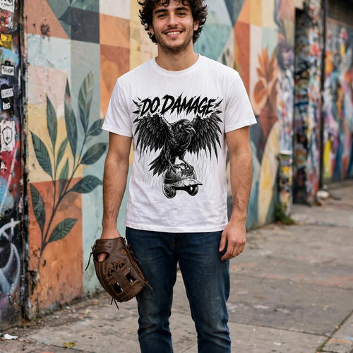 HTB Do Damage Crow Tee in white, worn in front of a mural wall