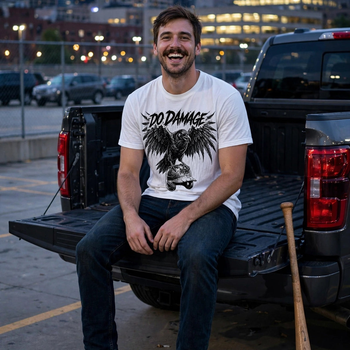 HTB Do Damage Crow Tee in white, worn on a truck tailgate at dusk with the skyline behind