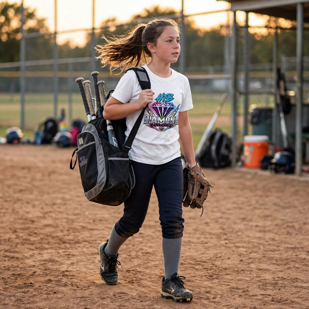 HTB Diamond Collection Youth Tee in White — girl softball player carrying her bat bag across the infield